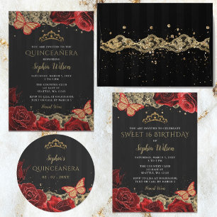 Vintage Red Roses Black Gold Lace Quinceañera Classic Round Sticker