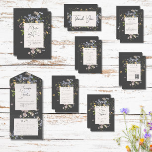 Delicate Boho Wildflowers Charcoal QR Code All In One Invitation