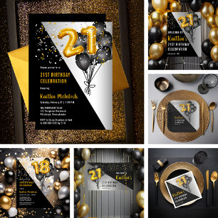 Balloons Elegant Black   Gold 21st Birthday Party Invitation