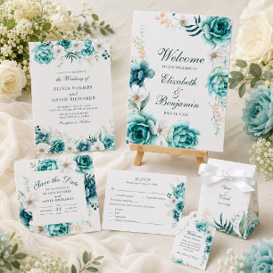 Teal Botanical Wedding Envelope Seal Sticker
