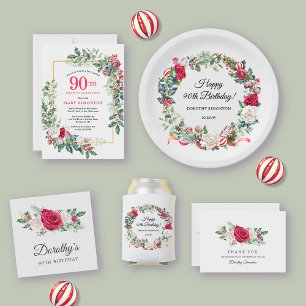 Red White Rose Floral Holly 90th Birthday Party Invitation