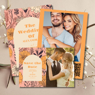 QR Code  Pink Yellow Orange Wildflowers Wedding All In One Invitation