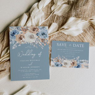 Dusty Blue White Bohemian Watercolor Wedding Invitation
