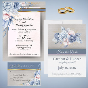 Blue and Pink Flowers on Pink & Grey Wedding Invitation