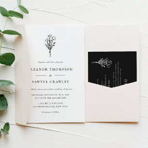 Black Minimalist Floral Bouquet Wedding Invitation