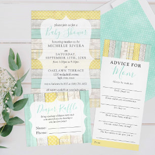 Gender Neutral Baby Shower Mint Yellow Rustic Wood Invitation