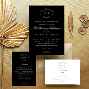 elegant black white classic gold monogram wedding invitation