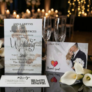 Romantic Watercolor Calligraphy Photo Wedding  Thank You Card