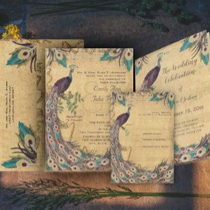 Eggplant Aqua  Peacock Vintage 3 Feathers Invitation
