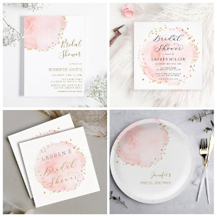 Blush Floral Petal Gold Glitter Dots Bridal Shower Invitation