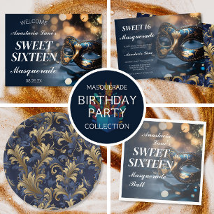 Blue Gold Masquerade Birthday  Invitation