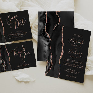 Chic Black Rose Gold Agate Dark Wedding Invitation