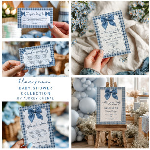 Blue Jean Denim Coquette Bow Gingham Baby Shower Invitation