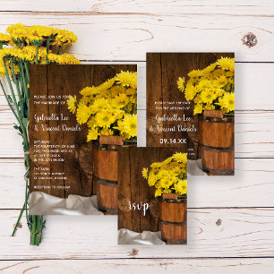 Wooden Bucket Yellow Daisies Country Wedding RSVP