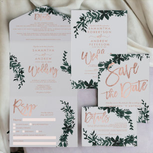 Rose gold script Floral grey elegant wedding All In One Invitation