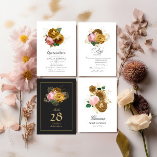 Vintage Blush Pink and Gold Floral Quinceañera Thank You Card