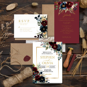 Elegant Burgundy Floral Blooms & Greenery wedding Invitation