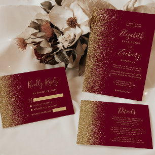 Modern Burgundy Red Gold Faux Glitter Edge RSVP Card