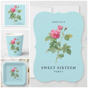 Pastel Blue and Pink Rose Vintage Botanical Napkin