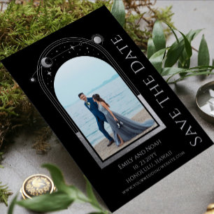 Mystical Black Silver Celestial Wedding Photo Save The Date