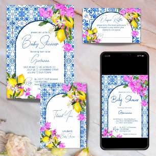Blue Tiles Lemons Bougainvillea Mediterranean Invitation