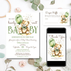Bearly wait teddy bear green brown baby shower invitation