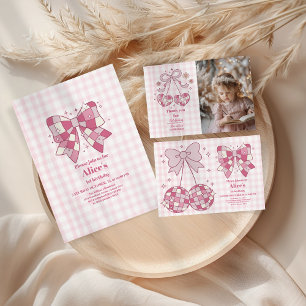 Retro Cute Pink Bow Coquette 1st Birthday Invitation