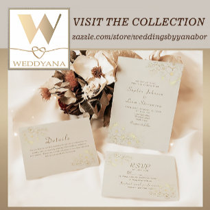 Floral Gold Ivory Wedding Invitation with QR Code