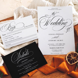 White black calligraphy chic details wedding invitation