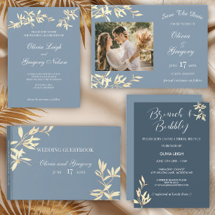 Timeless Floral Symphony in Blue Wedding All In One Invitation