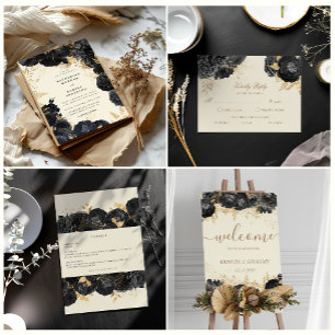 Watercolor Gold black roses Wedding Invitation