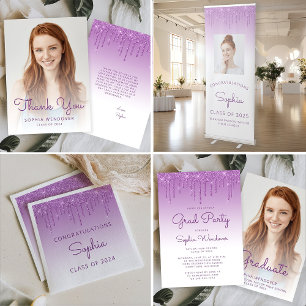 2024 Glam Purple Glitter Drip Photo Graduation Invitation