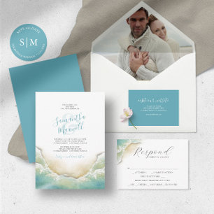 Tropical Ocean Blue Watercolor Shoreline Wedding Invitation