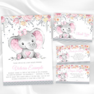 Pink Grey Elephant Floral Diamond Girl Baby Shower Invitation