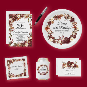 Burgundy Mauve Ivory Fall Floral 30th Birthday Invitation