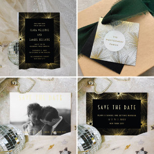 Modern Black Wedding Photo Save the Date Gold Foil Invitation Postcard
