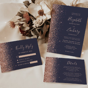 Modern Dark Blue Rose Gold Glitter Edge RSVP Card