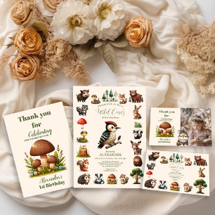 Woodland Animals Greenery Wild One 1st Birthday Invitation