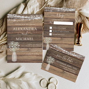 Farmhouse Baby's Breath Rustic Wedding RSVP All In One Invitation