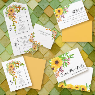 Yellow sunflowers, arch and initials fall wedding all in one invitation
