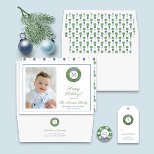 Merry Christmas Monogram Watercolor Boxwood Wreath Holiday Card