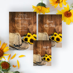 Cowboy Hat, Sunflowers Barn Wood Wedding RSVP Card