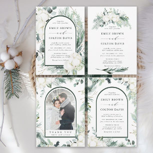 Evergreen & Cotton Flowers Watercolor Wedding Invitation