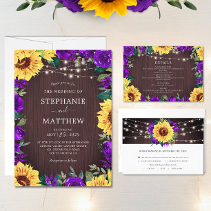 Rustic Sunflower Purple Lights Wood Wedding Invitation