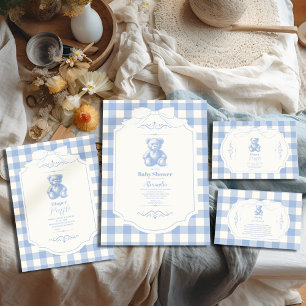 Bow Gingham French Teddy Bear Baby Shower Invitation