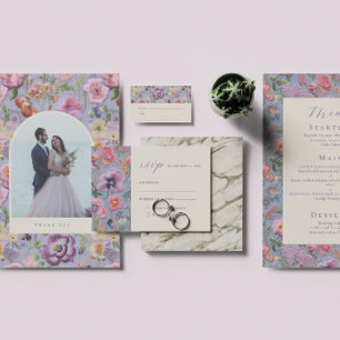 Bold Purple & Orange Botanical Embroidery Wedding Invitation