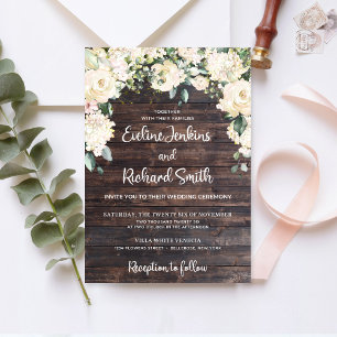 Rustic wood greenery white roses tied the knot invitation