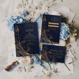 Gold Lighthouse Night Wedding RSVP Card