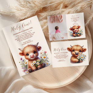 Photo Boho Holy Cow Highland Cow 1st Birthday Thank You Card