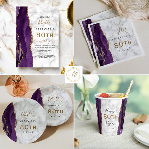 Purple Agate Marble Gold Script 80th Birthday Paper Plate